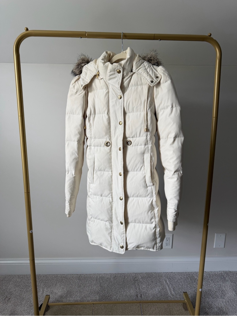 Juicy Couture Cream Quilted Long Puffer with Faux Fur Trim Sz S